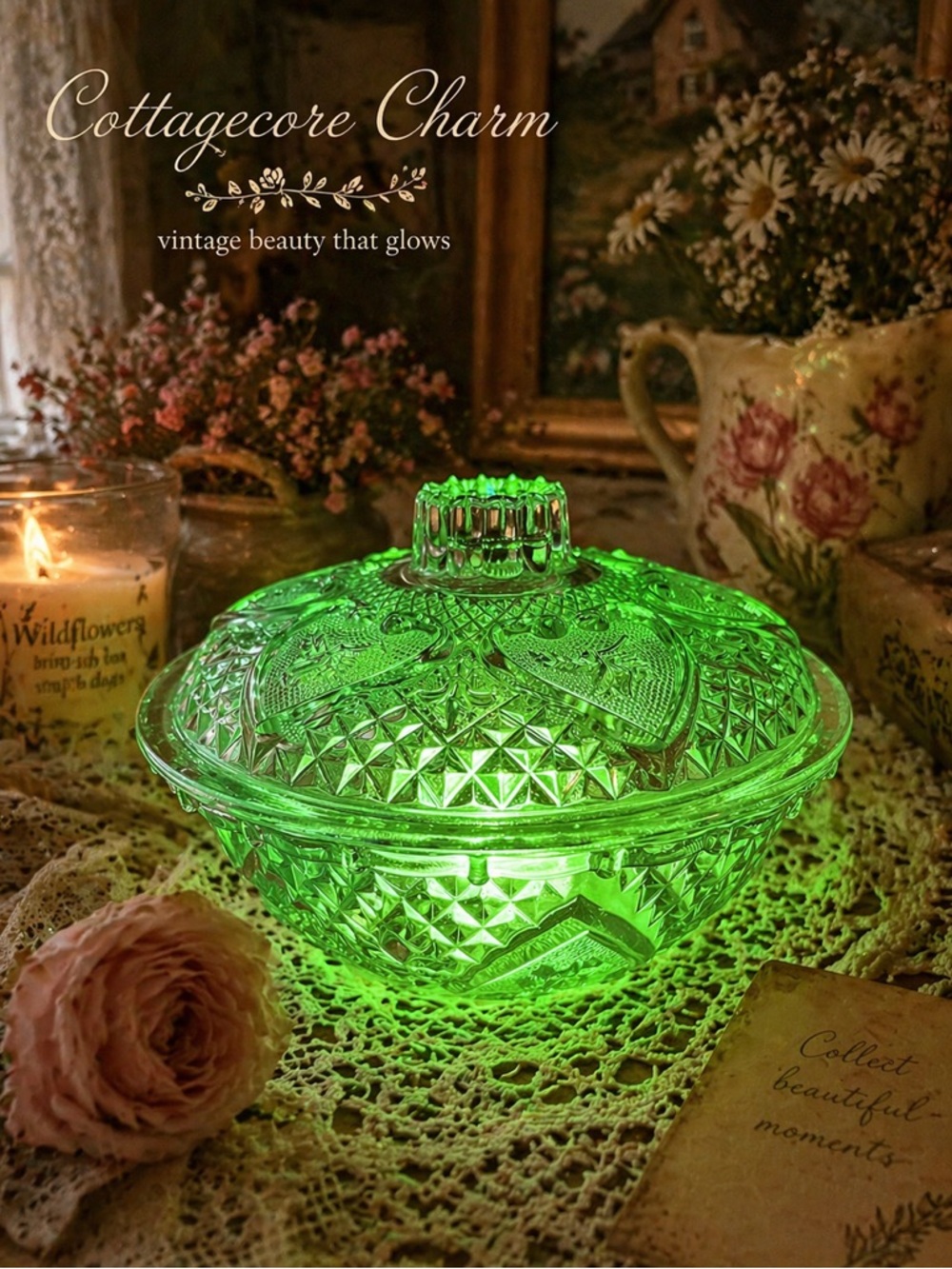Vintage Heart & Tulip Pressed Glass Candy Dish Lid Fairy Lamp Cottagecore Glow